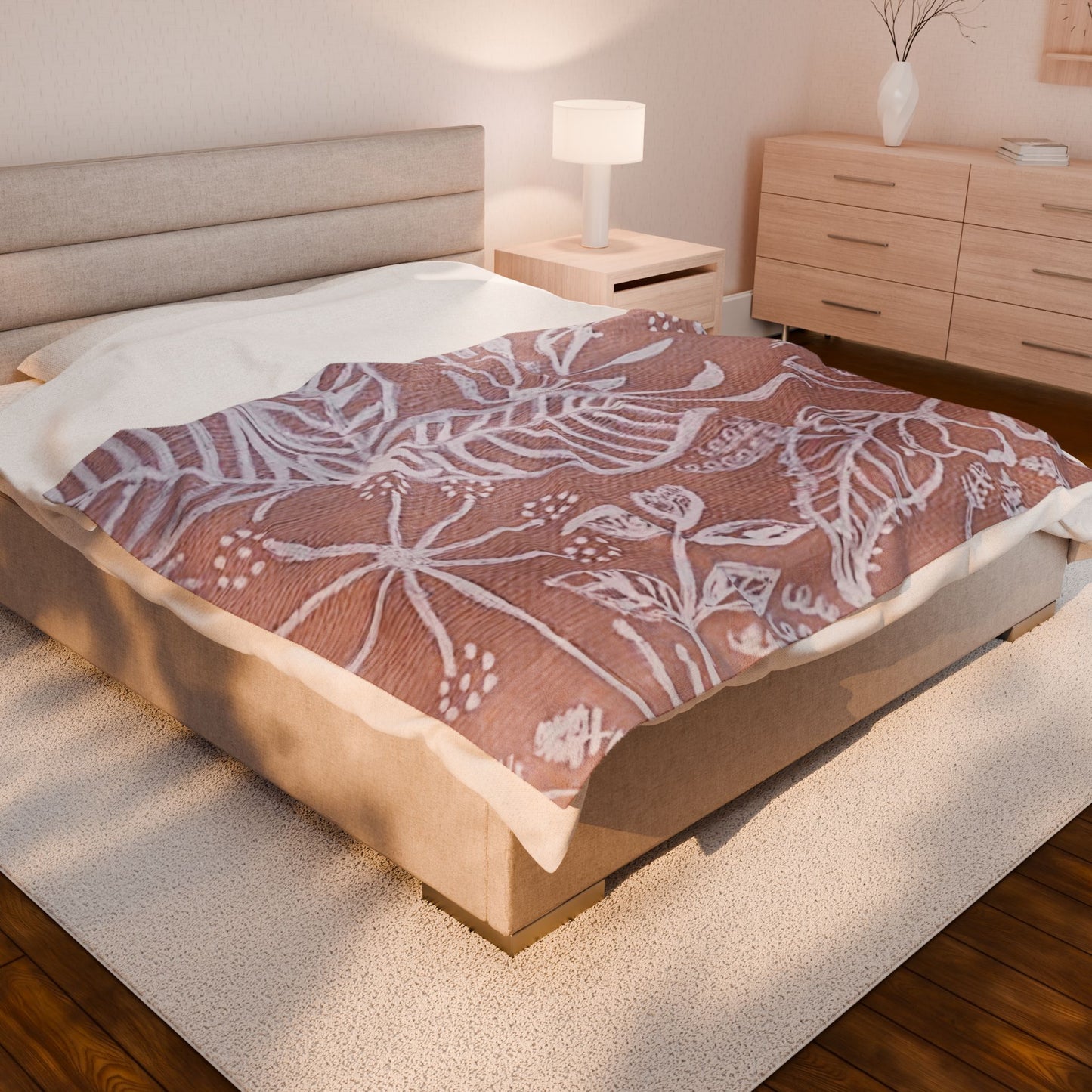 Blush Botanical Leaves Velveteen Plush Blanket | White Floral Outline