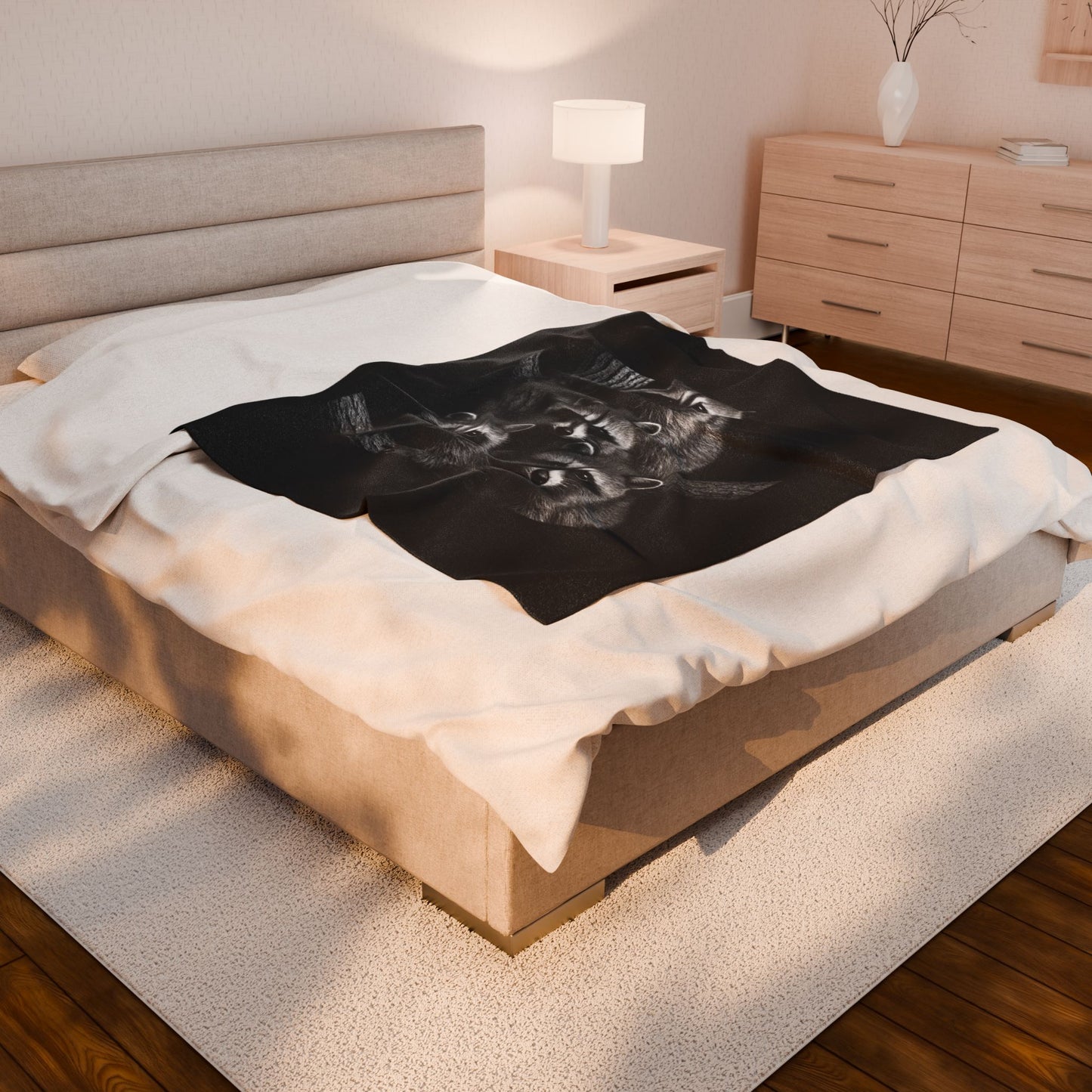 Black and White Raccoon Wall Art Print Four Curious Raccoons in Tree Wildlife Nature Home Decor Velveteen Plush Blanket