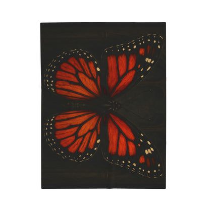 Red Monarch Butterfly Velveteen Plush Blanket | Orange Butterfly Wings on Black