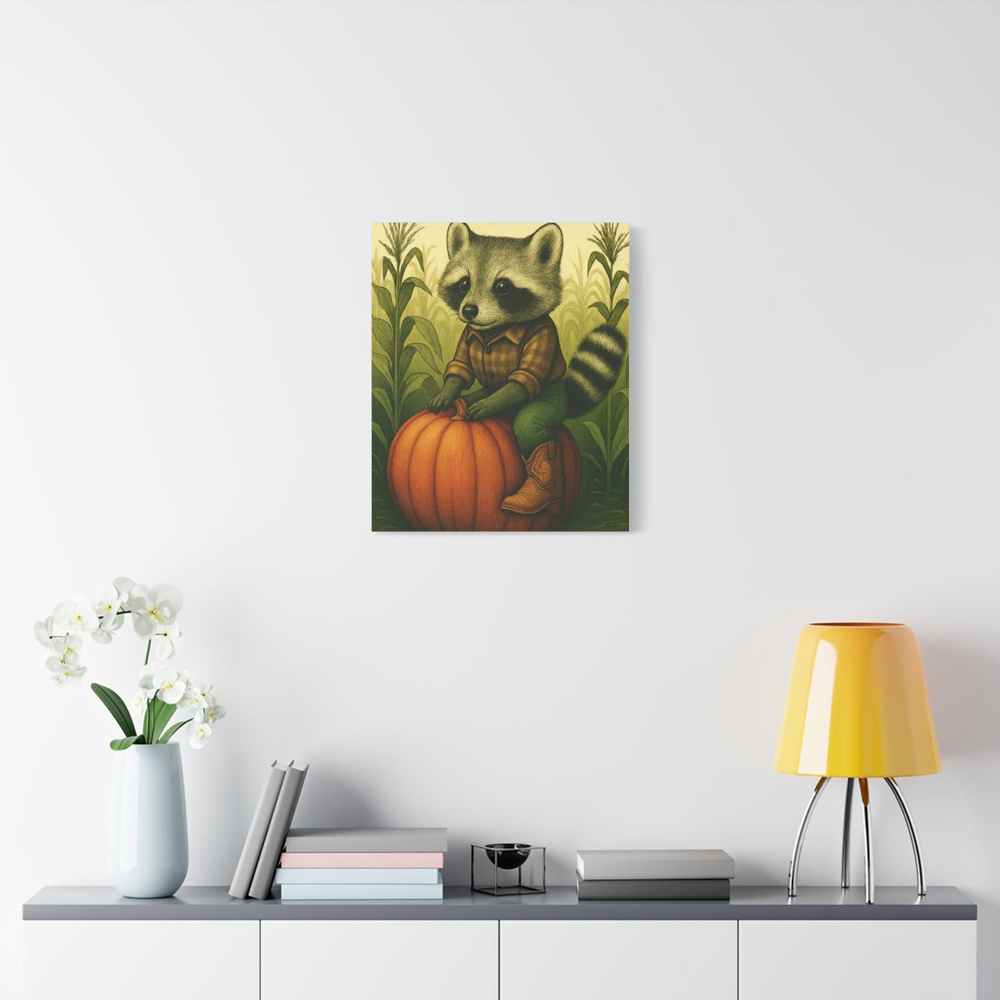 Matte Canvas Cowboy Harvest Raccoon on Pumpkin in Cornfield Green 8x10 - many sizes