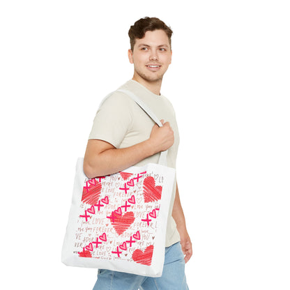 Red Scribble Hearts Tote Bag | Love Phrase Pattern