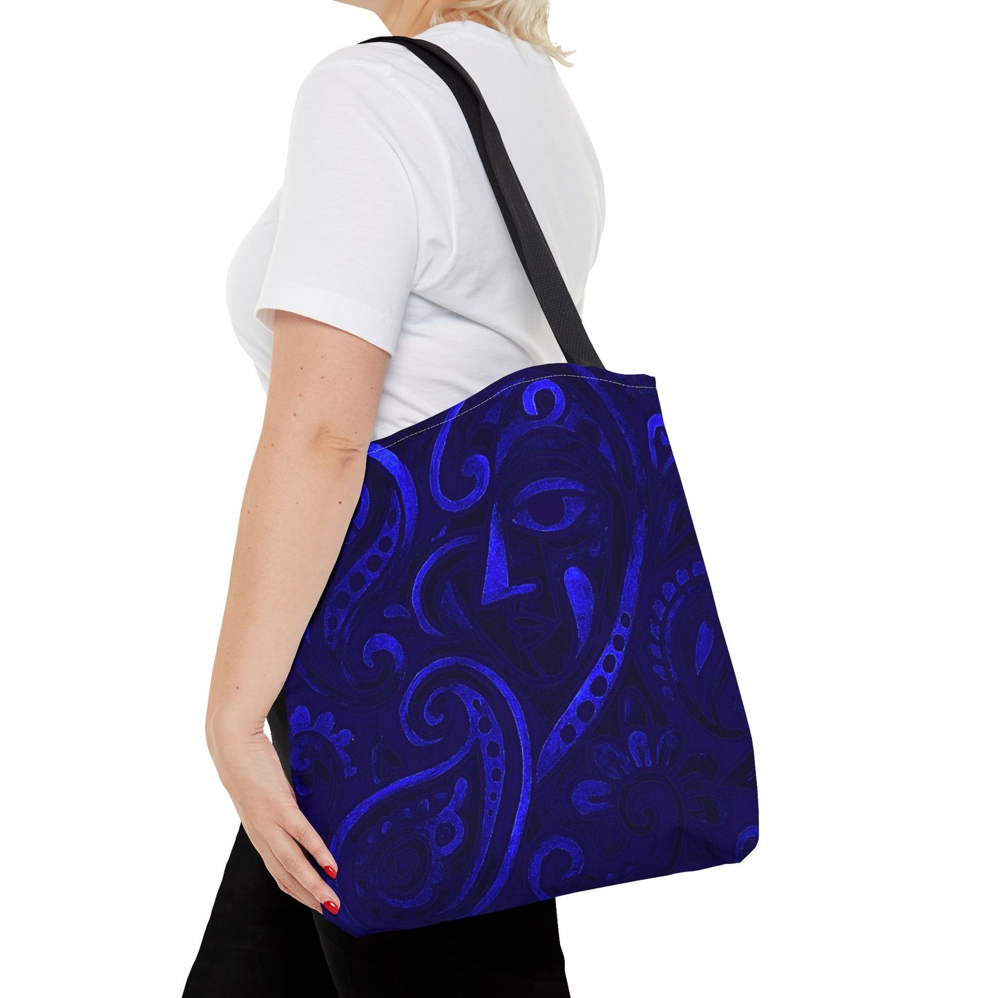 Blue Abstract Face Paisley Tote Bag | All-Over Print