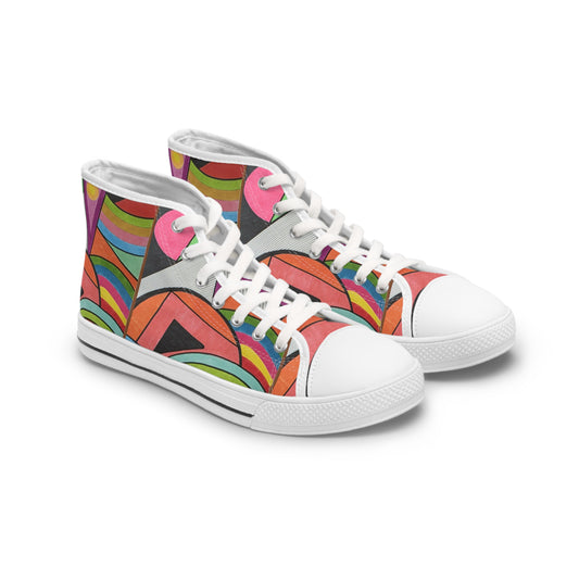 Colorful Abstract Geometric Pattern Women's High Top Sneakers | Retro Art Canvas Shoes