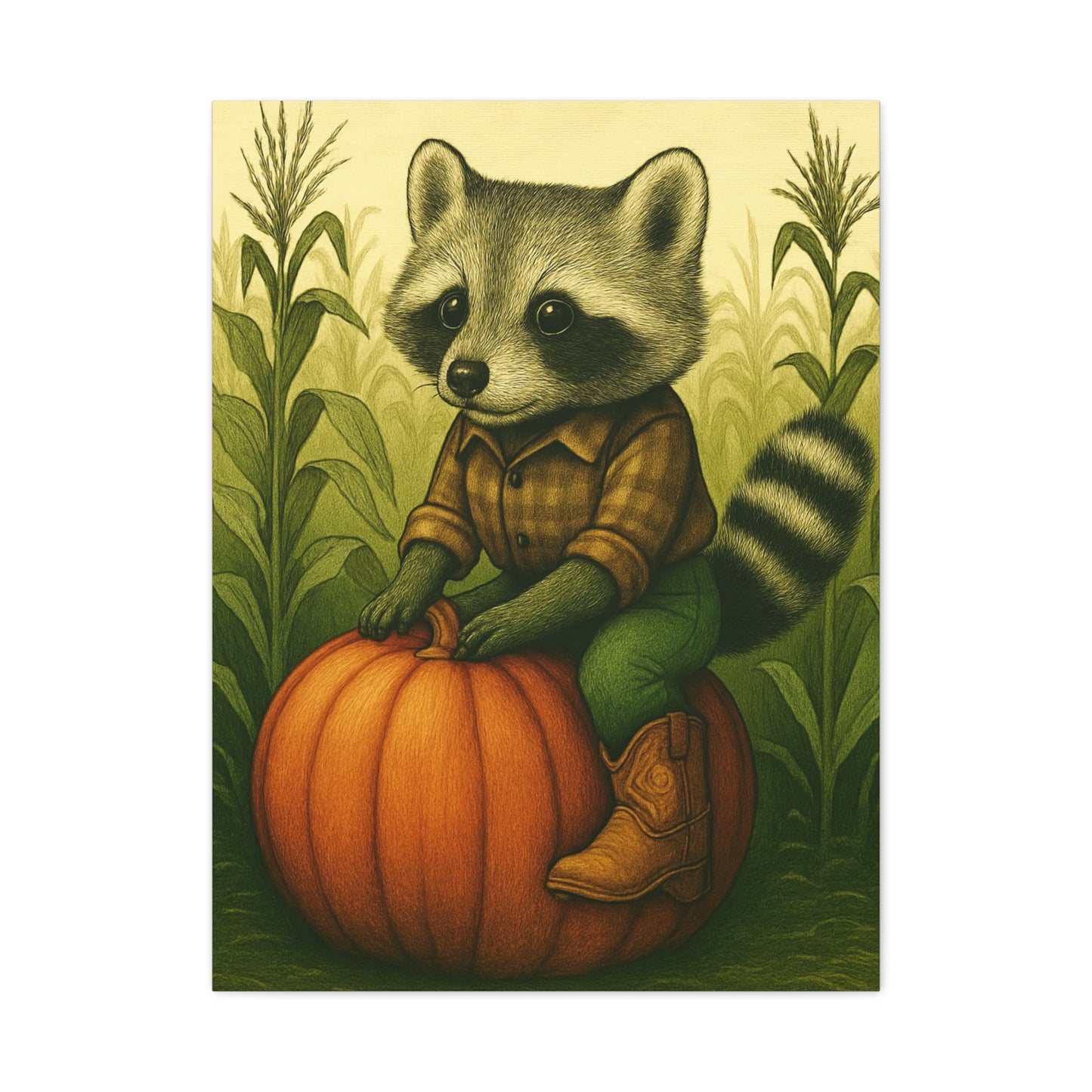 Matte Canvas Cowboy Harvest Raccoon on Pumpkin in Cornfield Green 8x10 - many sizes