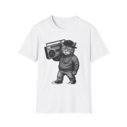 Black & White Boombox Cat T Shirt Hip Hop Streetwear Graphic Tee for Music Lovers Unisex Soft style T Shirt
