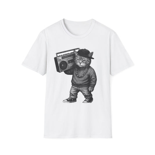 Black & White Boombox Cat T Shirt Hip Hop Streetwear Graphic Tee for Music Lovers Unisex Soft style T Shirt