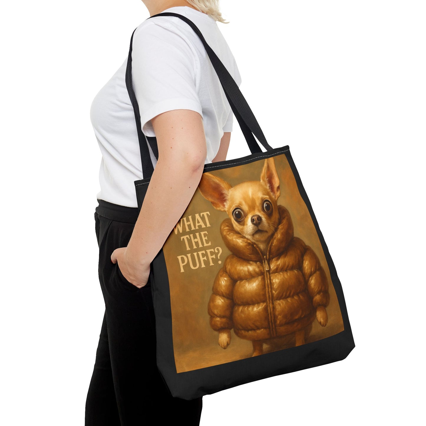 What The Puff? Chihuahua in Puffer Jacket Tote Bag