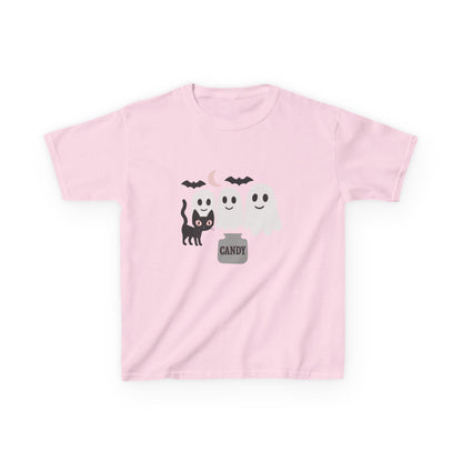Halloween Youth Shirt Ghost Cat Candy Tee Boy Girl Pink Kids Trick or Treat T-Shirt Kids Heavy Cotton™ Tee