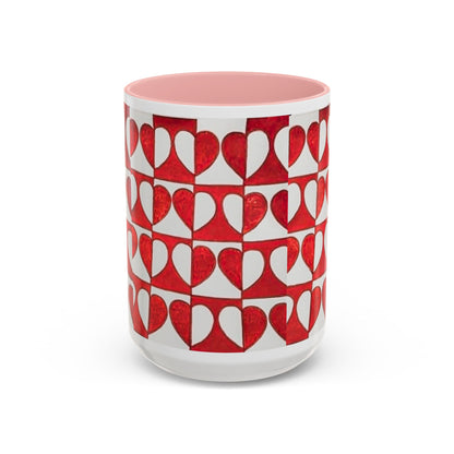 Red Heart Pattern Accent Coffee Mug | Checkerboard Valentine Ceramic Mug