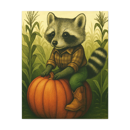 Matte Canvas Cowboy Harvest Raccoon on Pumpkin in Cornfield Green 8x10 - many sizes