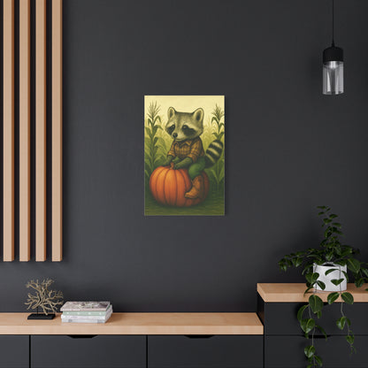 Matte Canvas Cowboy Harvest Raccoon on Pumpkin in Cornfield Green 8x10 - many sizes
