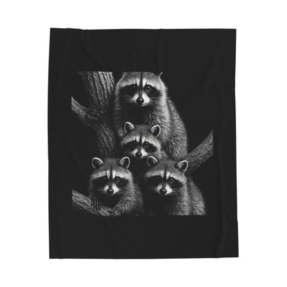 Black and White Raccoon Wall Art Print Four Curious Raccoons in Tree Wildlife Nature Home Decor Velveteen Plush Blanket