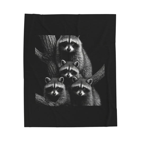 Black and White Raccoon Wall Art Print Four Curious Raccoons in Tree Wildlife Nature Home Decor Velveteen Plush Blanket
