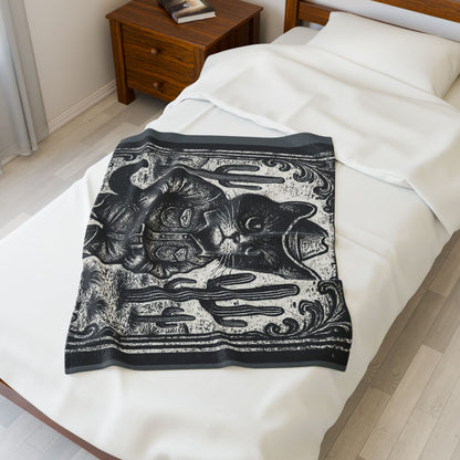 Black Cat Cowboy illustration Velveteen Plush Blanket | Western kitten art, vintage woodcut style