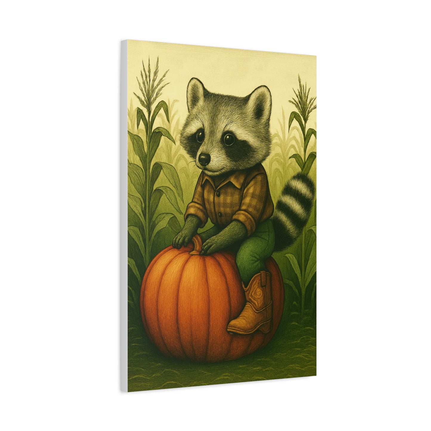 Matte Canvas Cowboy Harvest Raccoon on Pumpkin in Cornfield Green 8x10 - many sizes