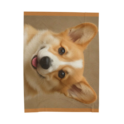 Smiling Corgi Face Velveteen Plush Blanket | Dog Portrait Throw