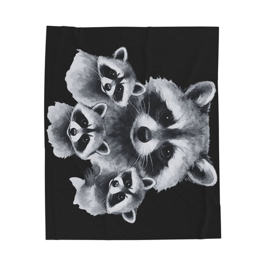 Raccoon Family Illustration Velveteen Plush Blanket | Woodland Animal Throw
