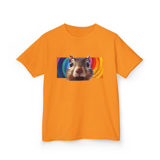 Funny Squirrel Kids T Shirt with Cute Cartoon Chipmunk Rainbow Graphic Tee Squeek Squeek Animal Lover Gift Yellow Childrens Shirt
