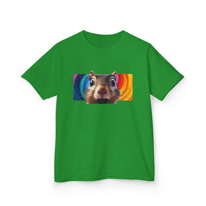 Funny Squirrel Kids T Shirt with Cute Cartoon Chipmunk Rainbow Graphic Tee Squeek Squeek Animal Lover Gift Yellow Childrens Shirt