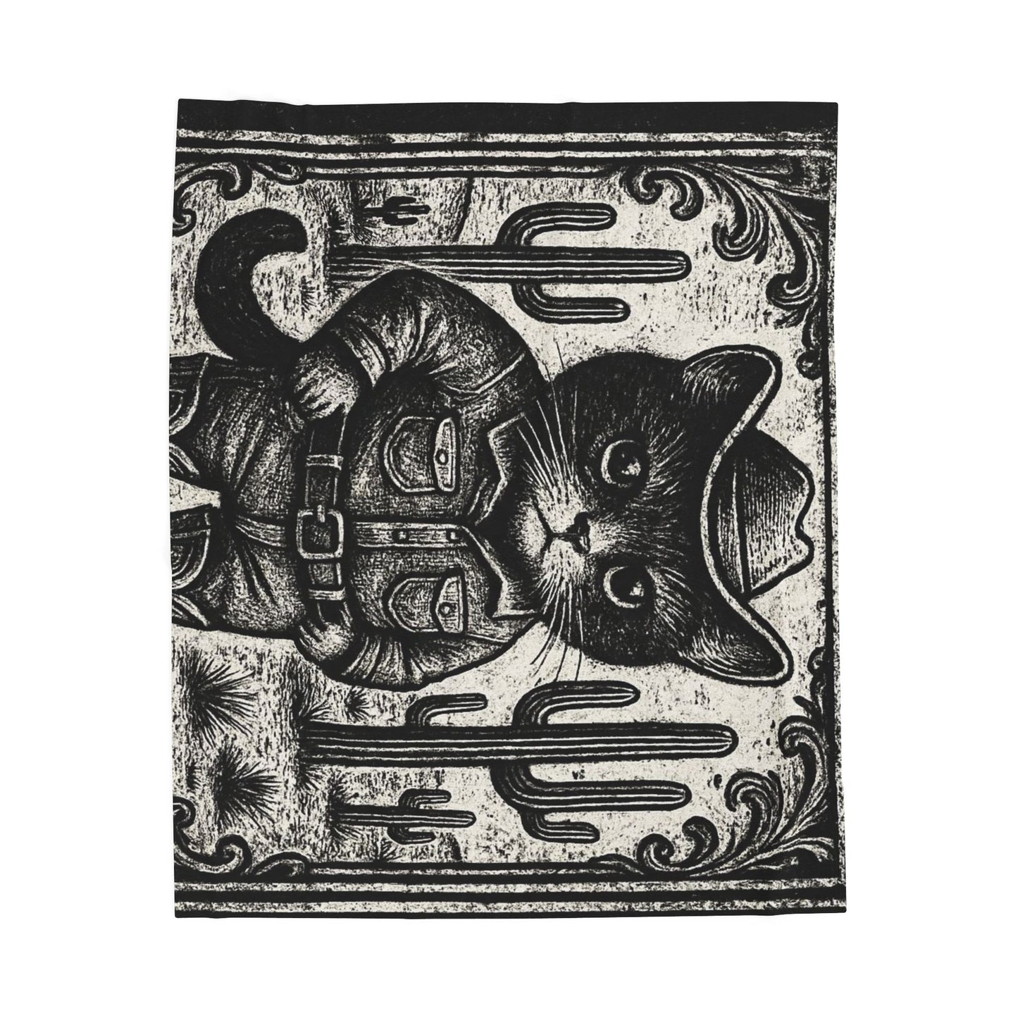 Black Cat Cowboy illustration Velveteen Plush Blanket | Western kitten art, vintage woodcut style