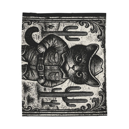Black Cat Cowboy illustration Velveteen Plush Blanket | Western kitten art, vintage woodcut style