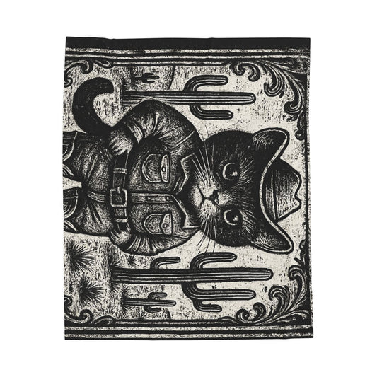 Black Cat Cowboy illustration Velveteen Plush Blanket | Western kitten art, vintage woodcut style