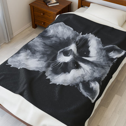 Black and White Raccoon Velveteen Plush Blanket | Cute Animal Face Throw