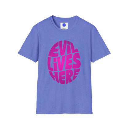 Evil Lives Here Halloween T-shirt, Spooky Retro Style, Mens