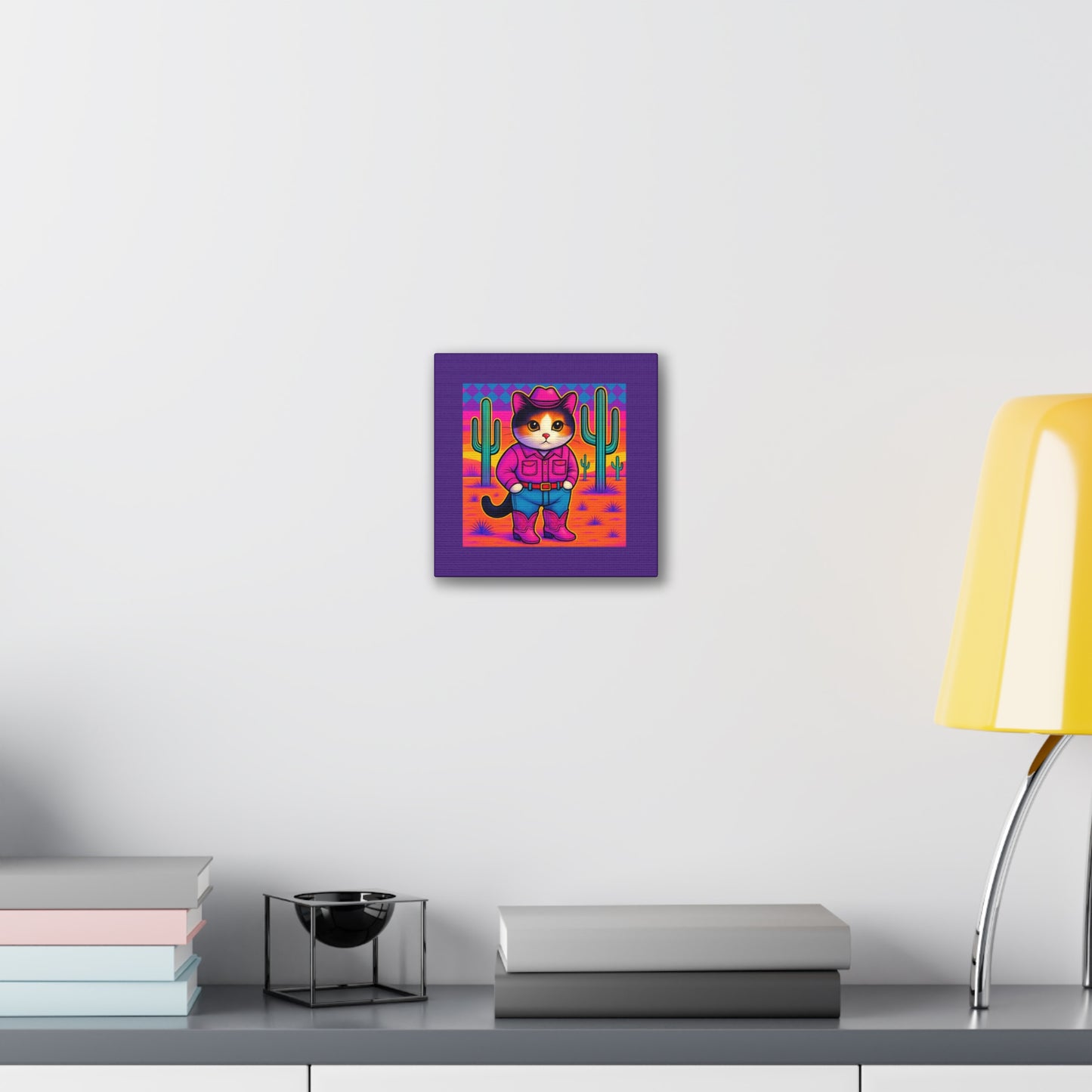 Bright Colored Cowboy Cat with Cactus Canvas stretched 8x8