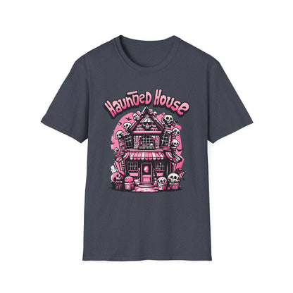 Haunted House Halloween T-Shirt  Pink Spooky Gothic Unisex Softstyle T-Shirt Men Women Teen College Student Highschool