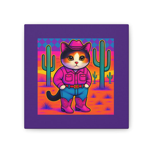 Bright Colored Cowboy Cat with Cactus Canvas stretched 8x8