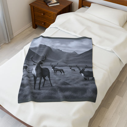 Black and White Deer Mountain Blanket Cozy Wildlife Lodge Cabin Plush Velveteen Throw for Rustic Home Décor