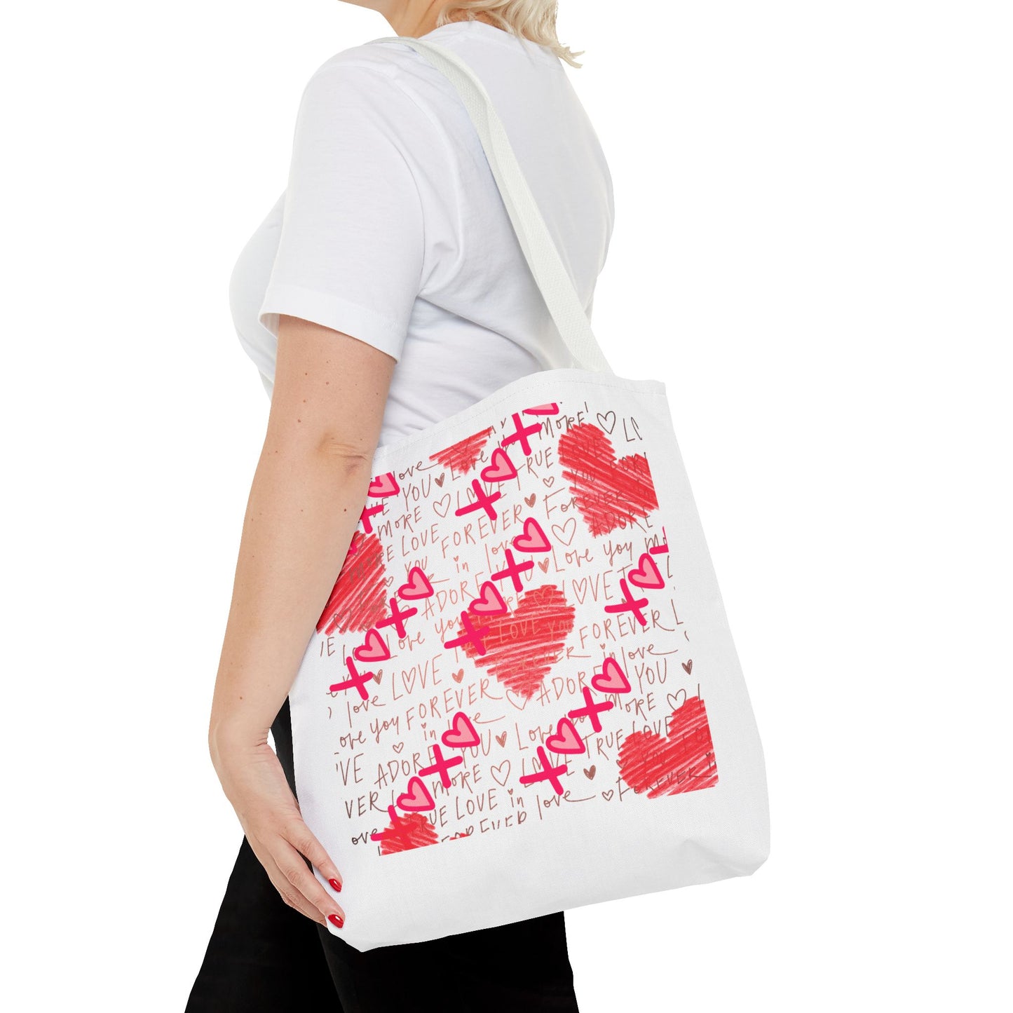Red Scribble Hearts Tote Bag | Love Phrase Pattern