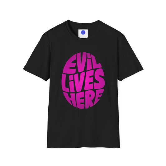 Evil Lives Here Halloween T-shirt, Spooky Retro Style, Mens