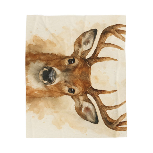 Watercolor Buck Deer Velveteen Plush Blanket | Rustic Wildlife Throw