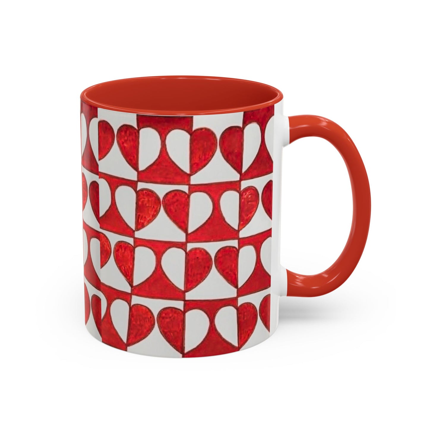 Red Heart Pattern Accent Coffee Mug | Checkerboard Valentine Ceramic Mug