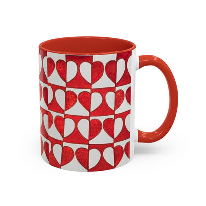 Red Heart Pattern Accent Coffee Mug | Checkerboard Valentine Ceramic Mug