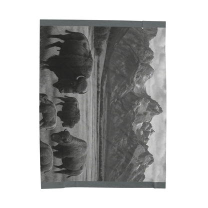 Bison Herd Mountain Landscape Blanket | Velveteen Plush Blanket