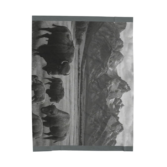 Bison Herd Mountain Landscape Blanket | Velveteen Plush Blanket