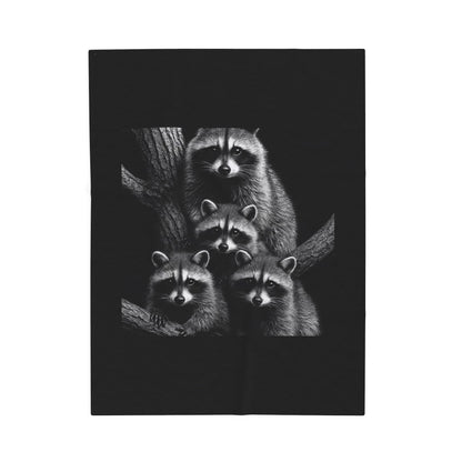 Black and White Raccoon Wall Art Print Four Curious Raccoons in Tree Wildlife Nature Home Decor Velveteen Plush Blanket