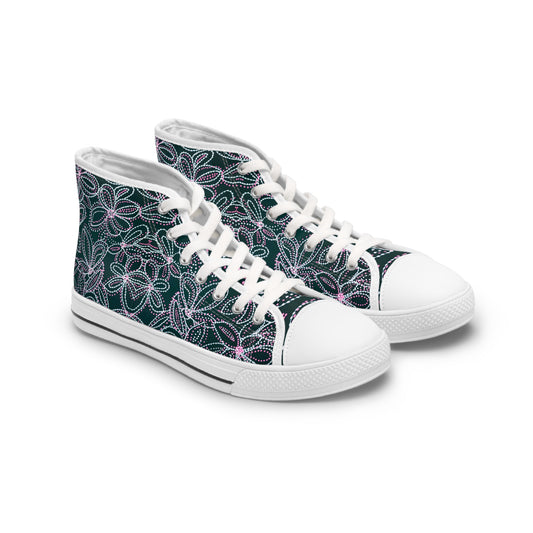 Delicate Looping Floral Pattern Women's High Top Sneakers | Dainty Lace Line Art