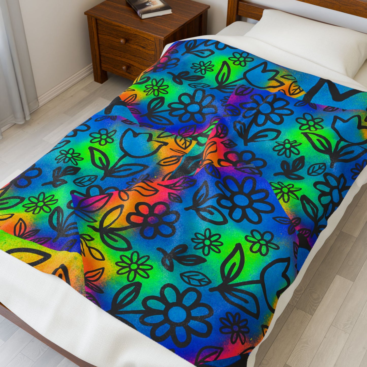 Rainbow Floral Plush Blanket | Colorful Cozy Soft Throw