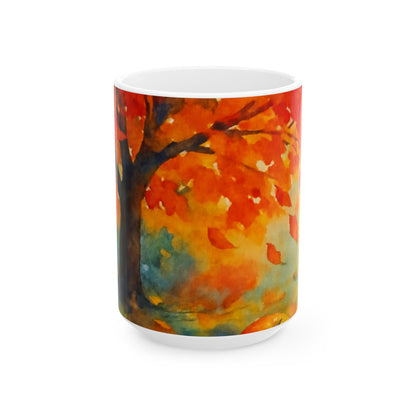 Autumn Watercolor Mug  Cozy Fall Leaves Ceramic Coffee Cup Gift Ceramic Mug, (11oz, 15oz)