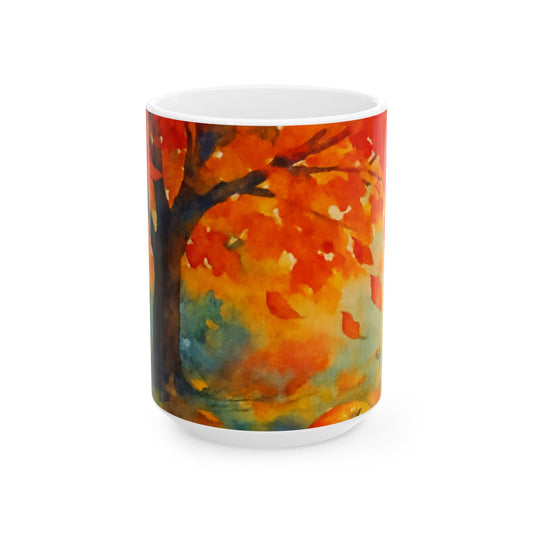 Autumn Watercolor Mug  Cozy Fall Leaves Ceramic Coffee Cup Gift Ceramic Mug, (11oz, 15oz)