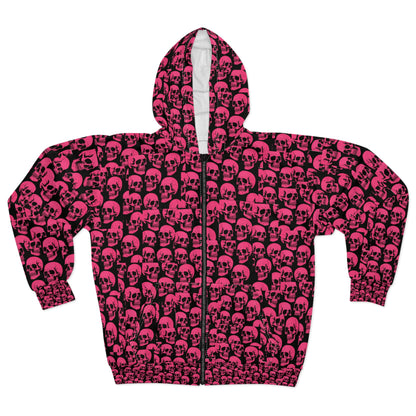 Edgy Pink Skull Hoodie Gothic Streetwear Unisex Zip Up Jacket, Alternative Punk Hoodie for Men and Women, Halloween Skull Print Fashion