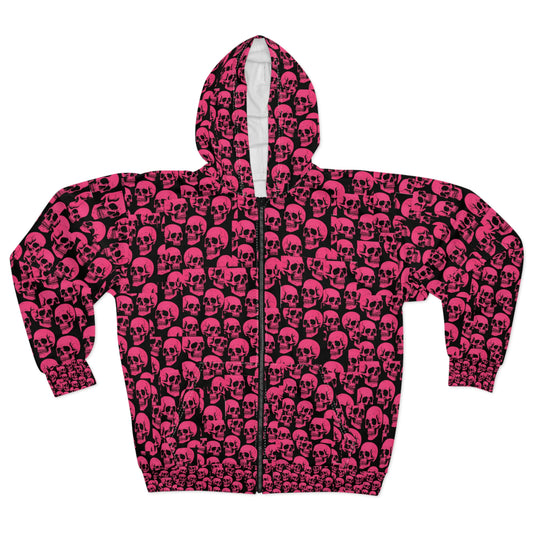 Edgy Pink Skull Hoodie Gothic Streetwear Unisex Zip Up Jacket, Alternative Punk Hoodie for Men and Women, Halloween Skull Print Fashion