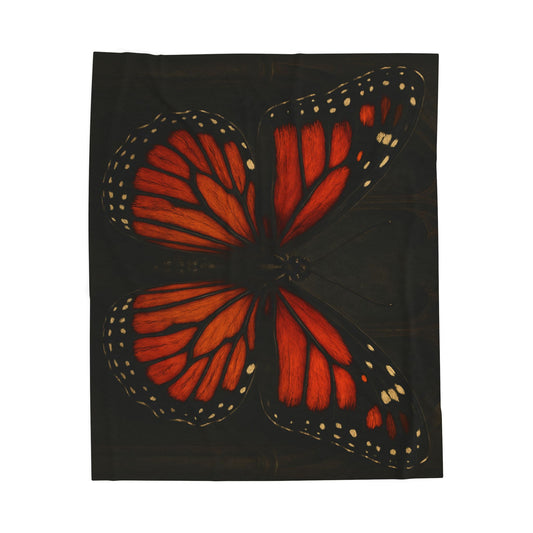 Red Monarch Butterfly Velveteen Plush Blanket | Orange Butterfly Wings on Black