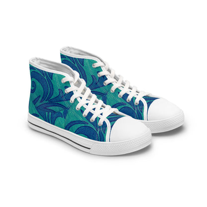 Teal Blue Swirl Pattern Women's High Top Sneakers | Abstract Floral Wave Design