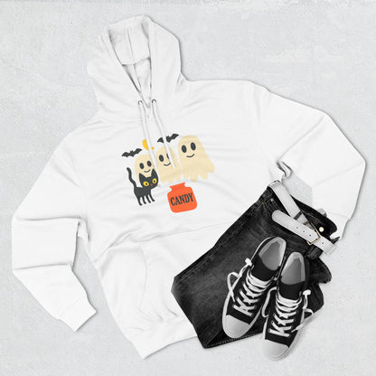 Halloween Three-Panel Fleece Hoodie, Ghost Black Cat Long Sleeve Unisex, Scary Bat Costume Sweatshirt, Trick or Treat Candy Bucket Jacket,