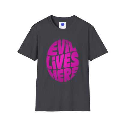 Evil Lives Here Halloween T-shirt, Spooky Retro Style, Mens